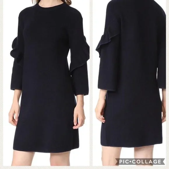 Tory Burch Ashley Navy Ruffled Sleeve Sweater Dress - Picture 2 of 16